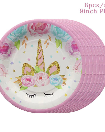 Unicorn paper plates in white with pink rim and gold glitter horn