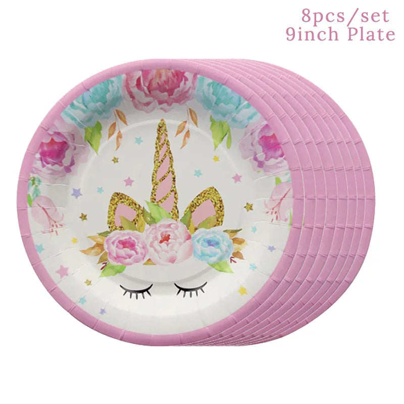 Unicorn paper plates in white with pink rim and gold glitter horn