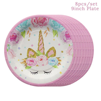 Unicorn paper plates in white with pink rim and gold glitter horn