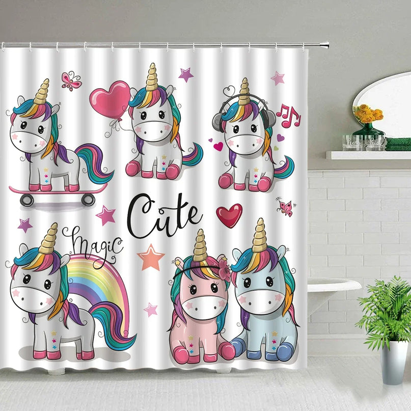 Playful Unicorn Sticker Shower Curtain