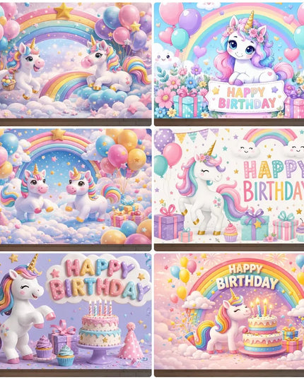 Unicorn backdrop print with birthday cake, cupcakes and wrapped gifts