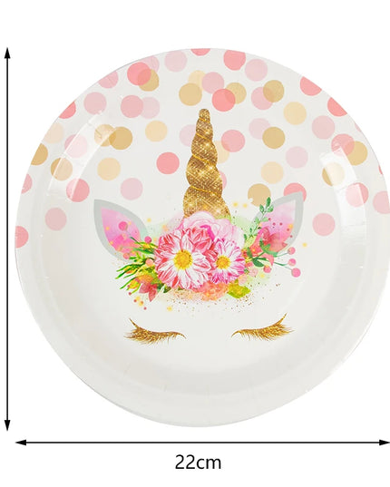 White Unicorn party plates with pink polka dots and gold glitter horn