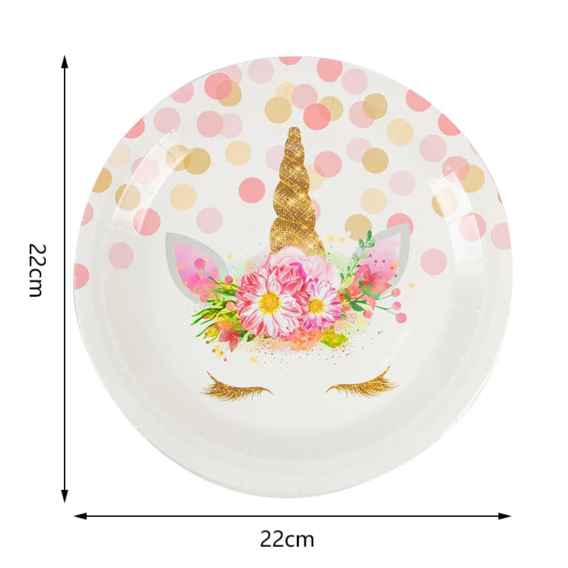 White Unicorn party plates with pink polka dots and gold glitter horn