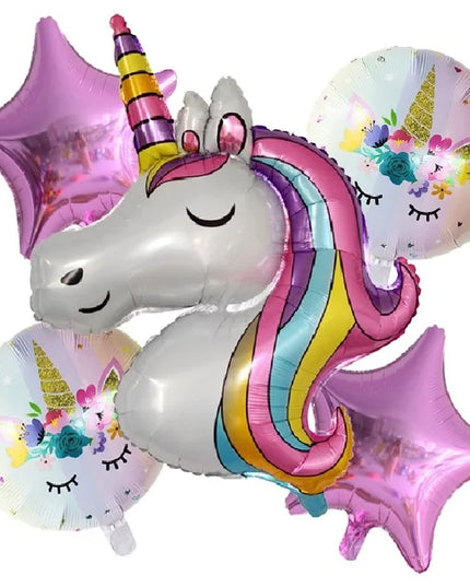Silver unicorn balloon head with rainbow mane, pink stars and round pastel balloons