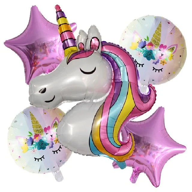 Silver unicorn balloon head with rainbow mane, pink stars and round pastel balloons