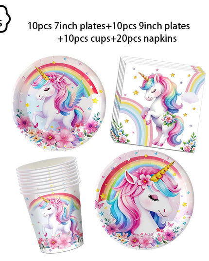 Unicorn party plates and cups set with pink and rainbow unicorn prints on white