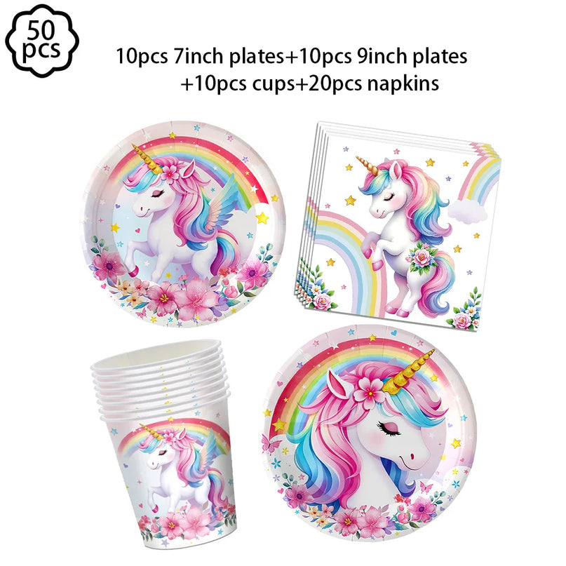 Unicorn party plates and cups set with pink and rainbow unicorn prints on white