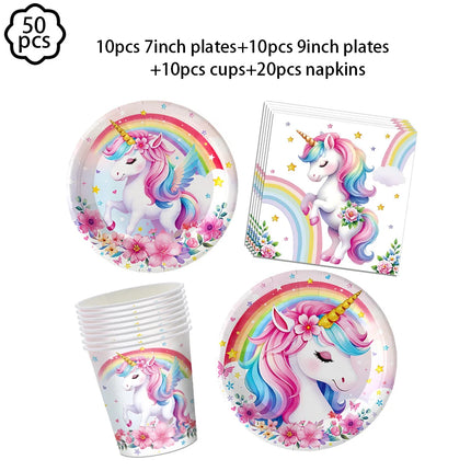 Unicorn party plates and cups set with pink and rainbow unicorn prints on white