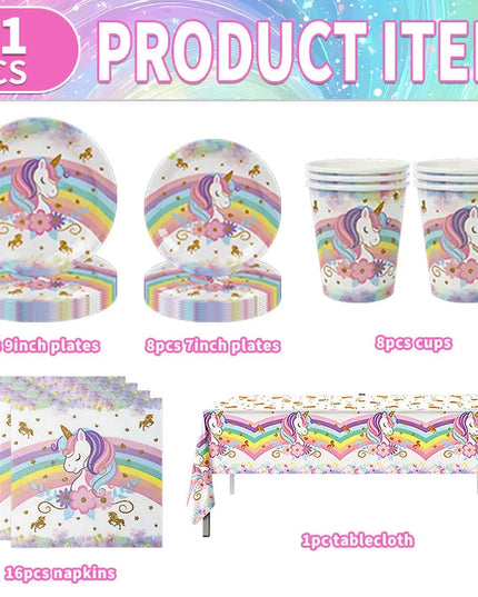 Unicorn paper napkins folded beside the plates
