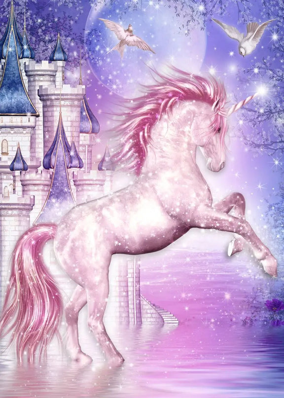 Blue Unicorn Wall Art, Magical Castle