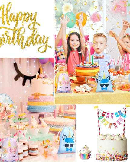 Ten unicorn favor bags spread out on a party table