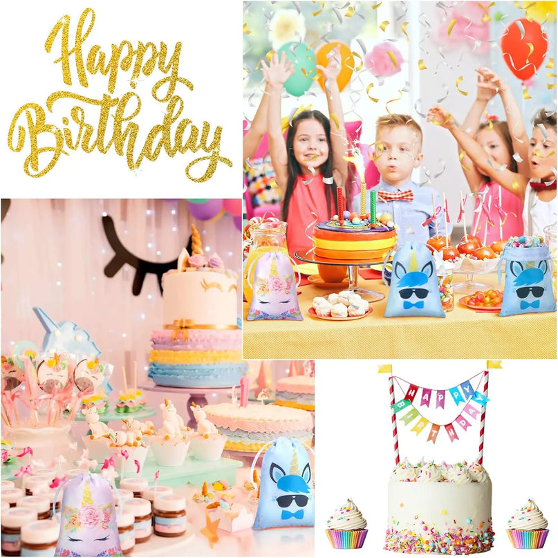 Ten unicorn favor bags spread out on a party table