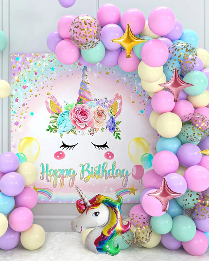 Pastel unicorn balloon arch kit with 97 latex and foil balloons, gold stars and unicorn head