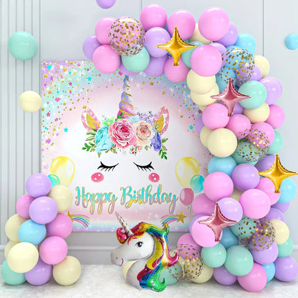 Pastel unicorn balloon arch kit with 97 latex and foil balloons, gold stars and unicorn head
