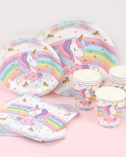 Round paper plate with raised rim and unicorn design, seen from above