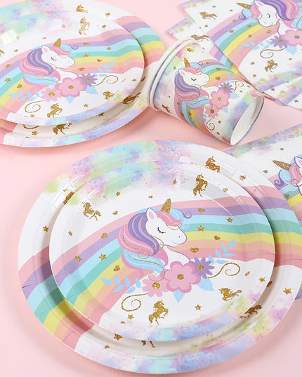 Pastel pink, lilac and light blue border framing the unicorn tablecloth
