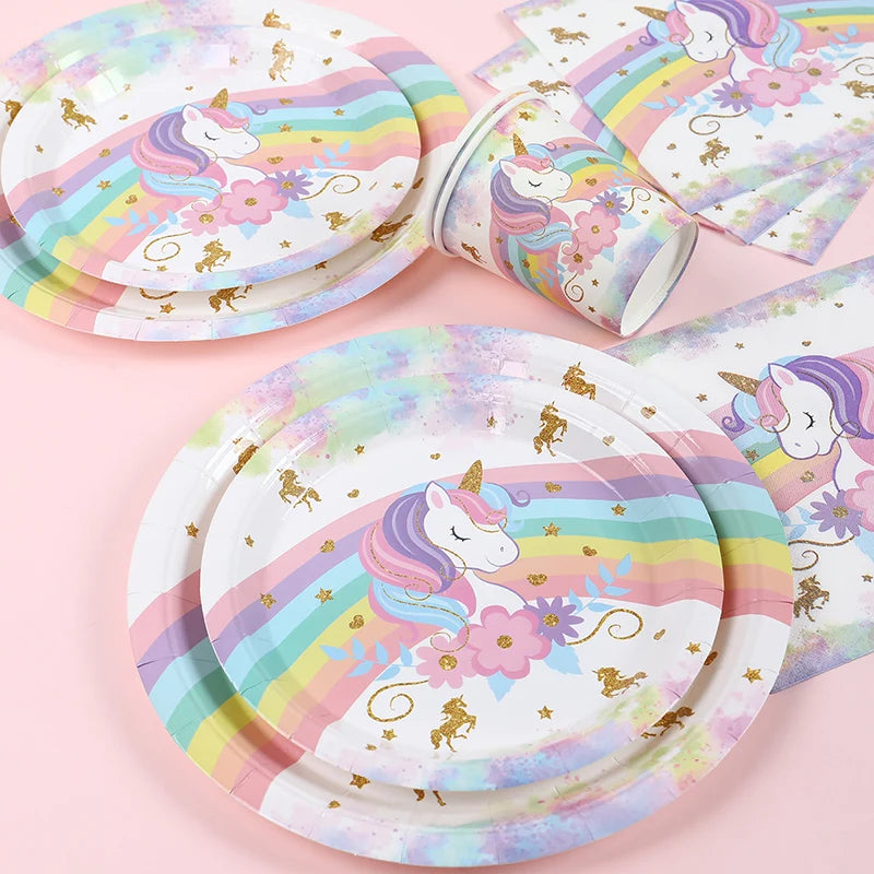 Pastel pink, lilac and light blue border framing the unicorn tablecloth