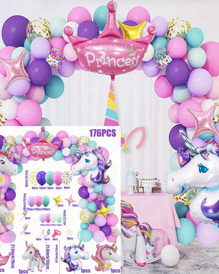 Purple and pink Unicorn balloon arch with crown and silver unicorn foil balloons