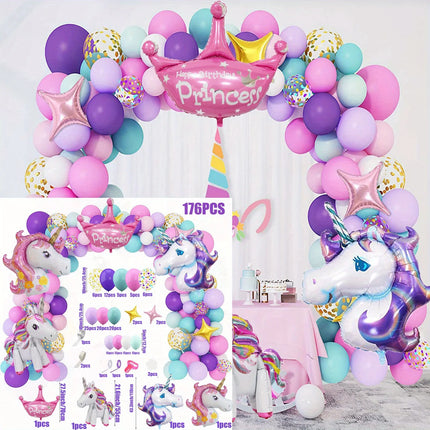 Purple and pink Unicorn balloon arch with crown and silver unicorn foil balloons