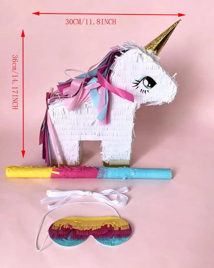 Close-up of the golden horn and pink fringe mane on the white unicorn pinata