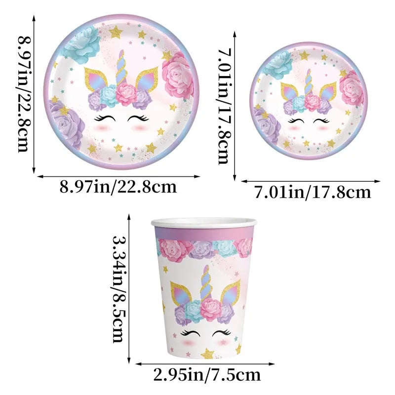 Round unicorn party plate with gold stars and roses