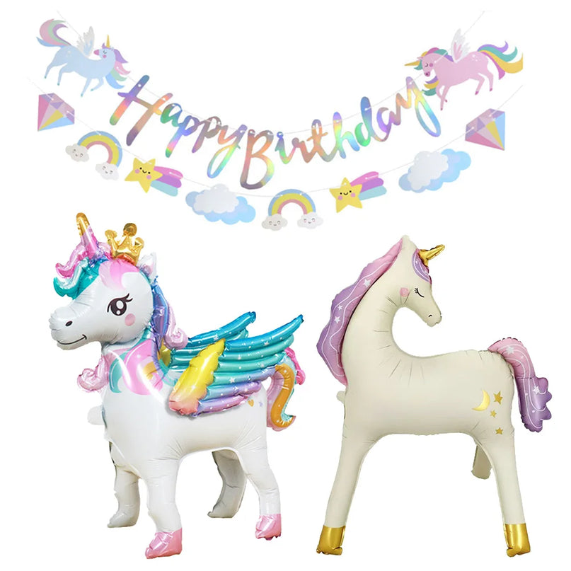 Close-up of the unicorn print on the white foil party plates