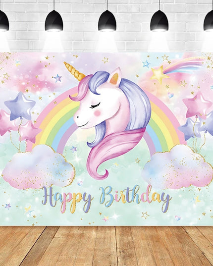 Pastel unicorn backdrop in pink and mint with gold horn and Happy Birthday lettering