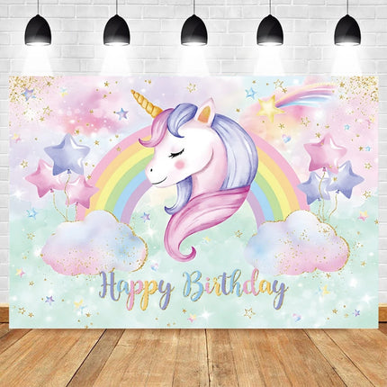 Pastel unicorn backdrop in pink and mint with gold horn and Happy Birthday lettering