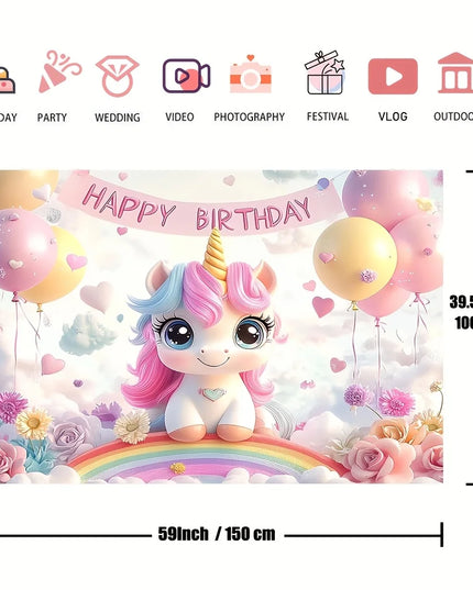 Full unicorn backdrop panel showing the rainbow and balloon details
