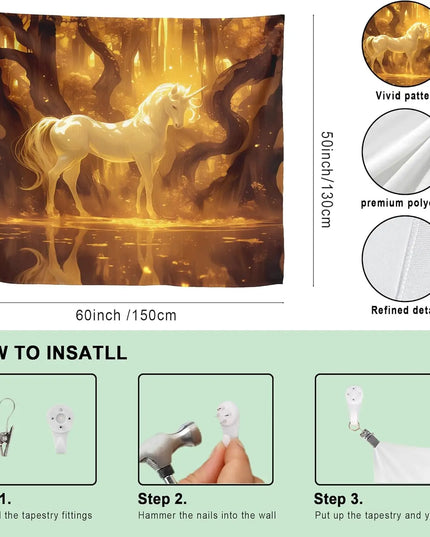 Golden Forest Unicorn Tapestry