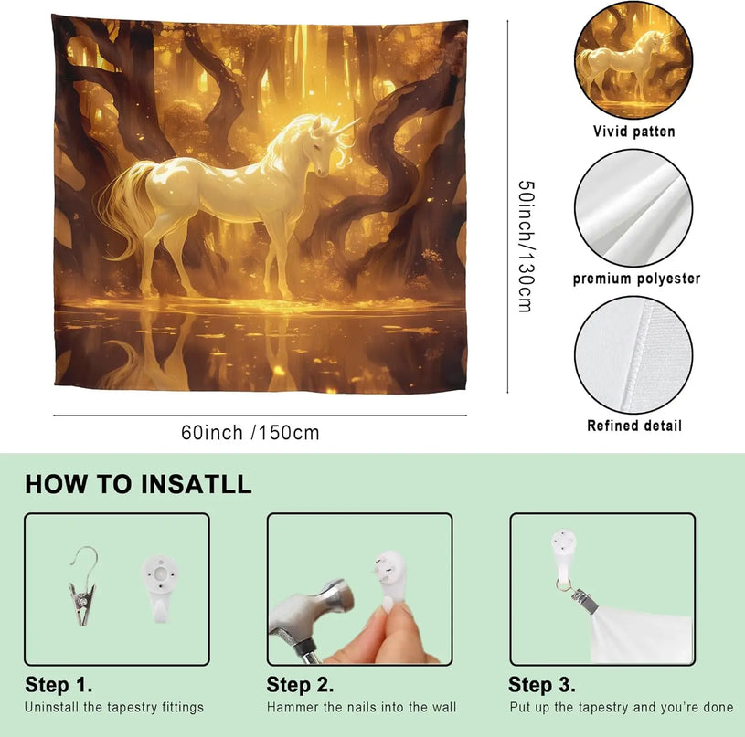 Golden Forest Unicorn Tapestry