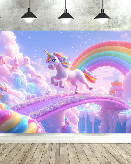 Lavender unicorn backdrop photography scene with a lavender unicorn on a pink glitter bridge
