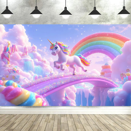 Lavender unicorn backdrop photography scene with a lavender unicorn on a pink glitter bridge