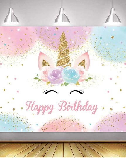 Pastel rainbow with gold glitter on the pink birthday backdrop