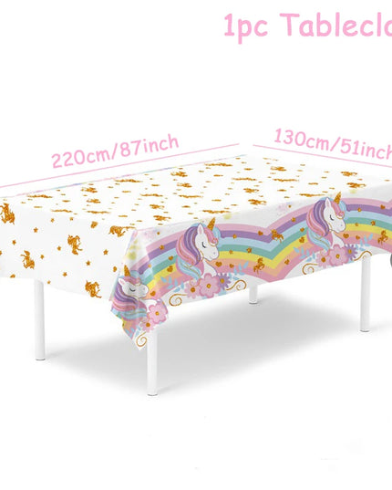 White unicorn birthday tablecloth with gold unicorn print and pastel border