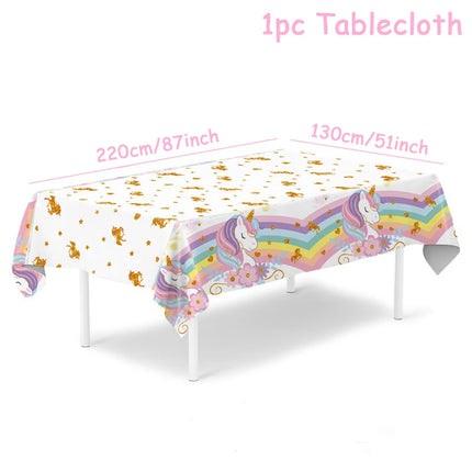 White unicorn birthday tablecloth with gold unicorn print and pastel border