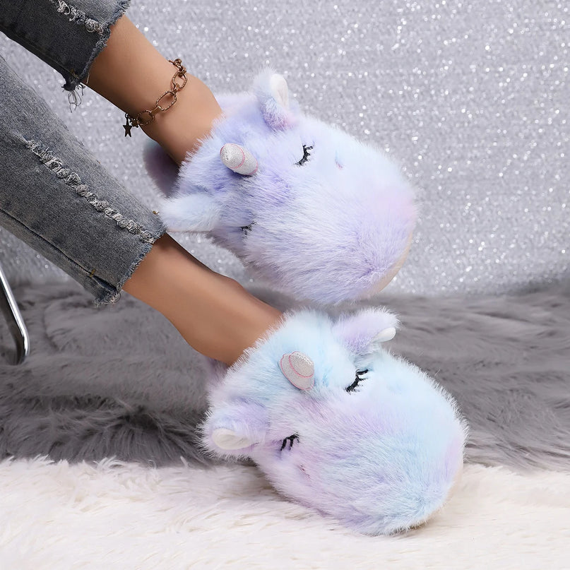 Shaggy Rainbow Unicorn Slippers