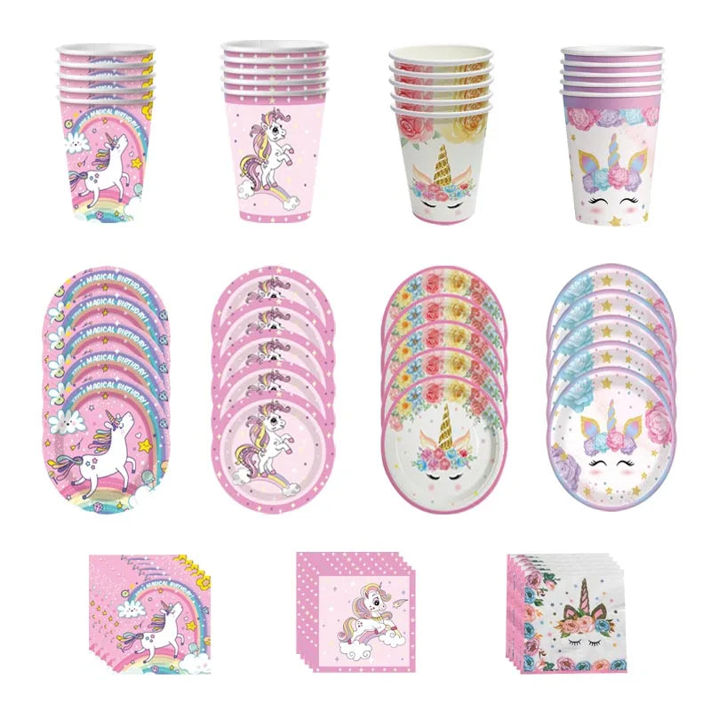 Round pink paper plate with star-dotted rim and cartoon unicorn design