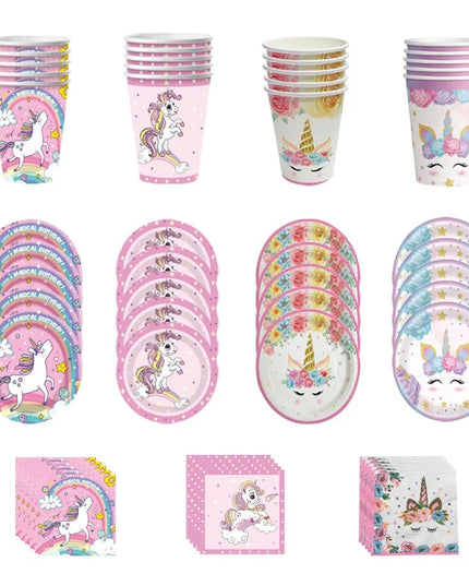Pink unicorn paper plate with Have a Magical Birthday lettering and clouds
