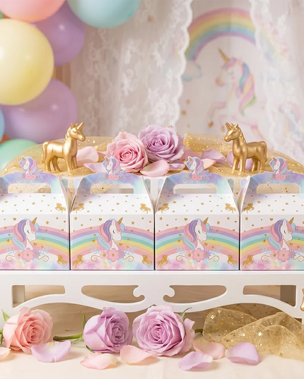 Close-up of the pink unicorn head and gold stars on the treat box