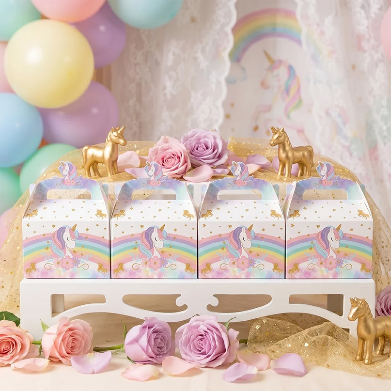 Close-up of the pink unicorn head and gold stars on the treat box