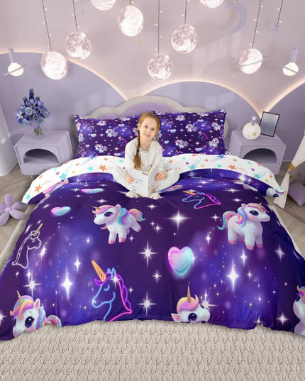 Purple Neon Chibi Unicorn Bedding