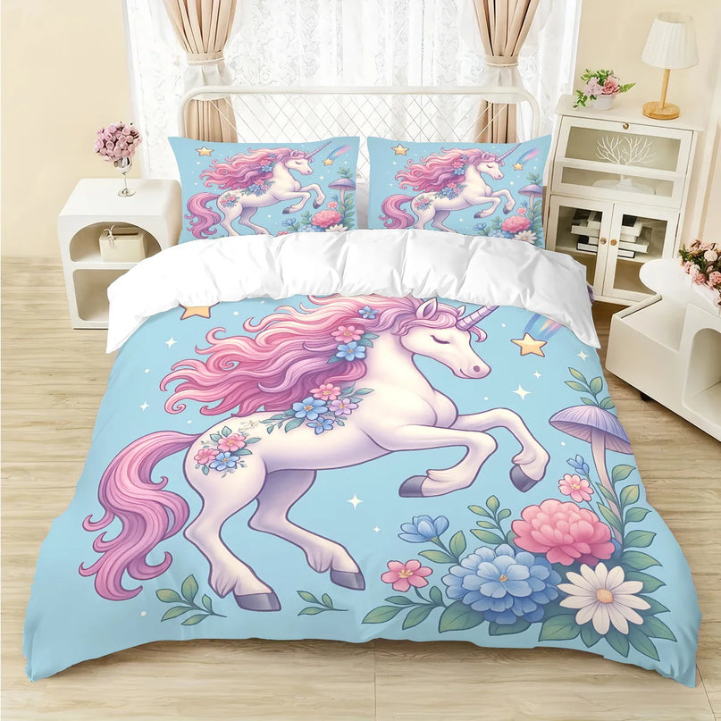 Blue Garden Floral Unicorn Bedding