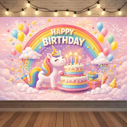 Pink unicorn birthday backdrop with rainbow, cake and Happy Birthday lettering