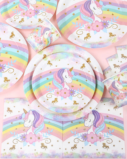 Single rainbow unicorn paper plate with smiling unicorn head and flowers
