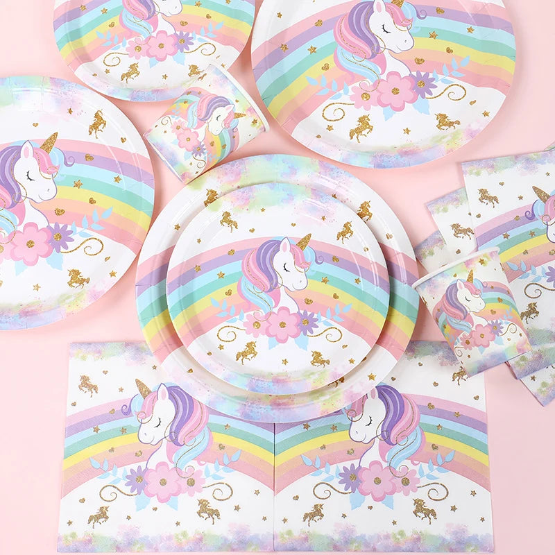 Single rainbow unicorn paper plate with smiling unicorn head and flowers