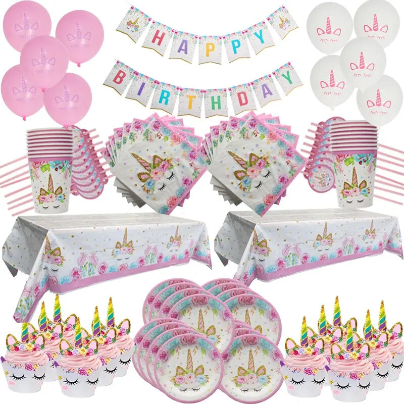 Stack of round unicorn paper plates with sleeping unicorn face