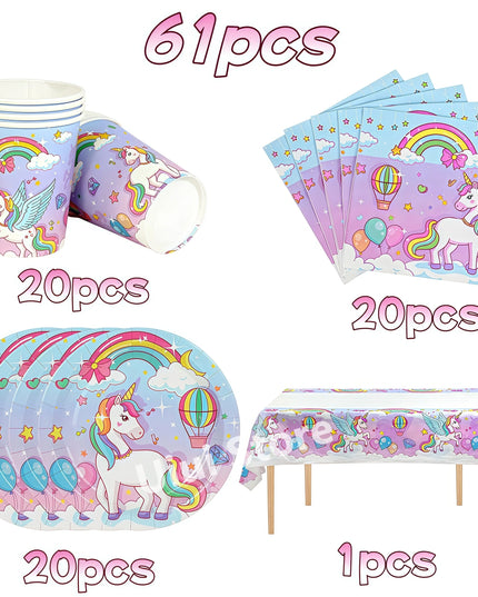 Unicorn birthday party plates in light blue and lilac with rainbow print