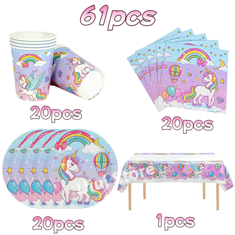 Unicorn birthday party plates in light blue and lilac with rainbow print