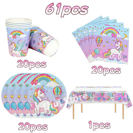 Unicorn birthday party plates in light blue and lilac with rainbow print